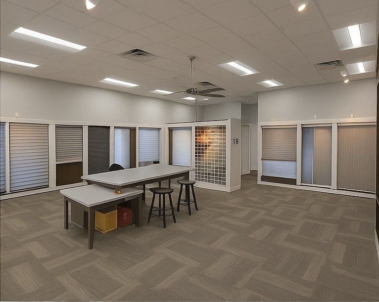 Wide view of a completed gallery showroom installation