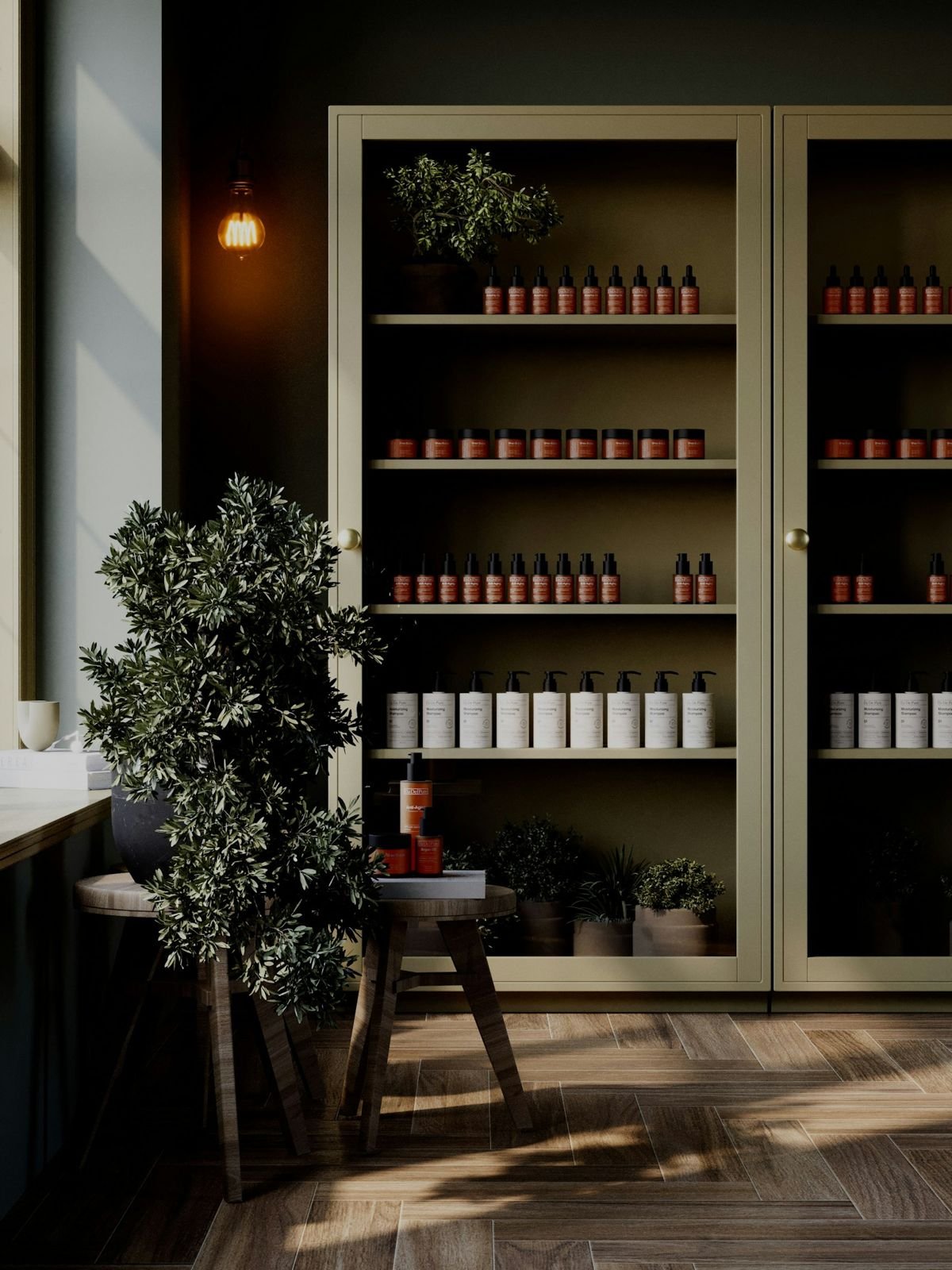Product shelving wall in a retail space